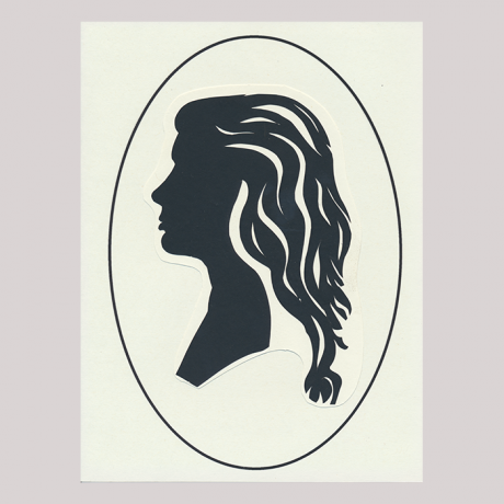 
        Front of silhouette, with woman looking left, in frame.